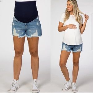 Pinkblush Dark Wash Distressed Fringe Hem Maternity Full Panel Jean Shorts